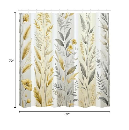 Ambesonne Yellow Shower Curtain, Modern Farmhouse Concept Floral Leaves Composition With Striped Details, Cloth Fabric Bathroom